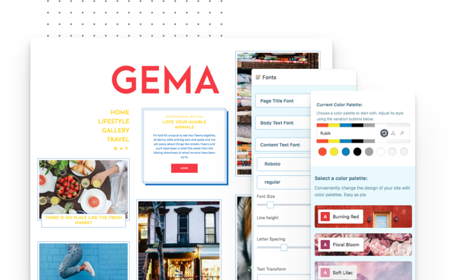Gema colors palettes and fonts editing with style manager