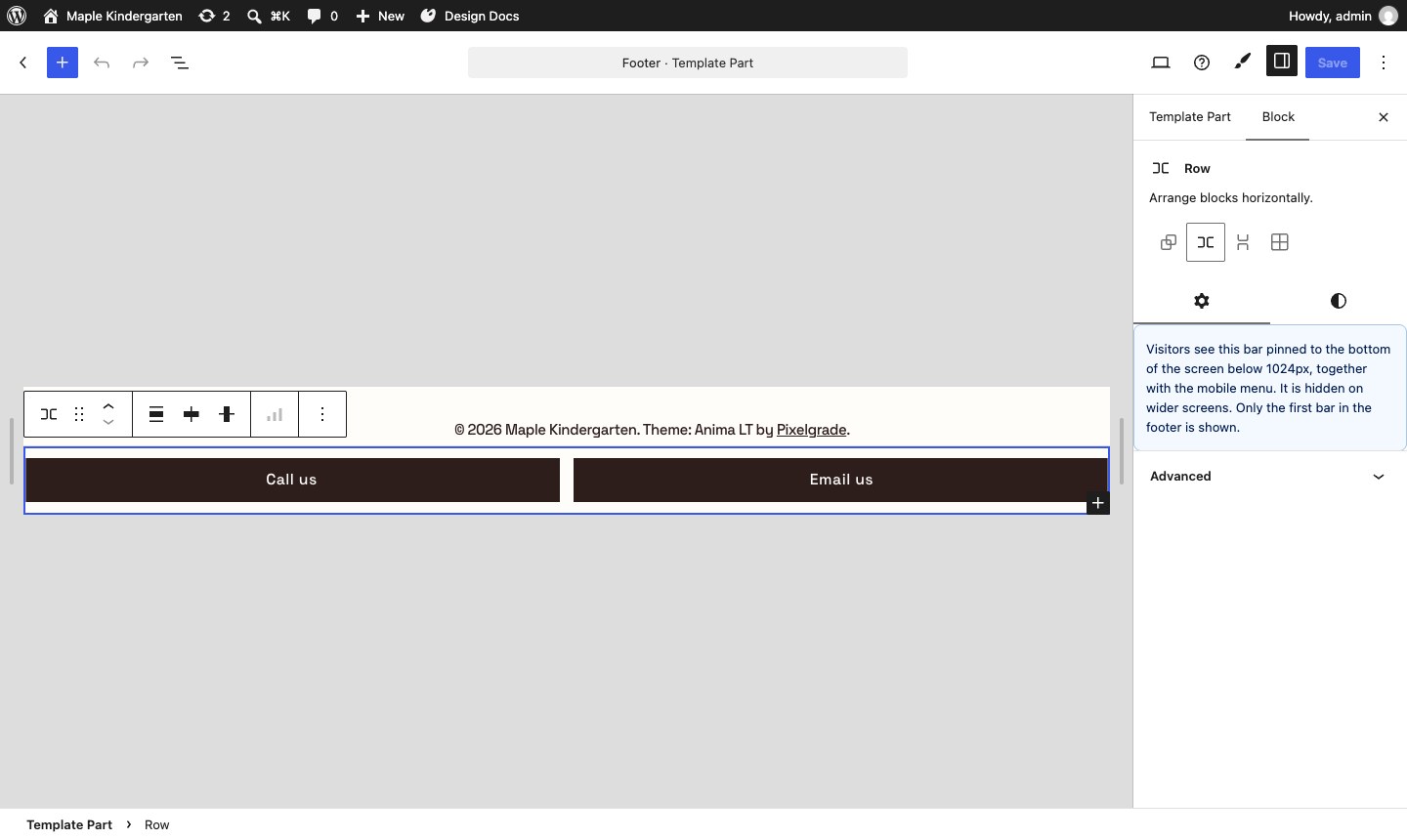 The Footer template part in the Site Editor with the bar selected and a note in the block settings