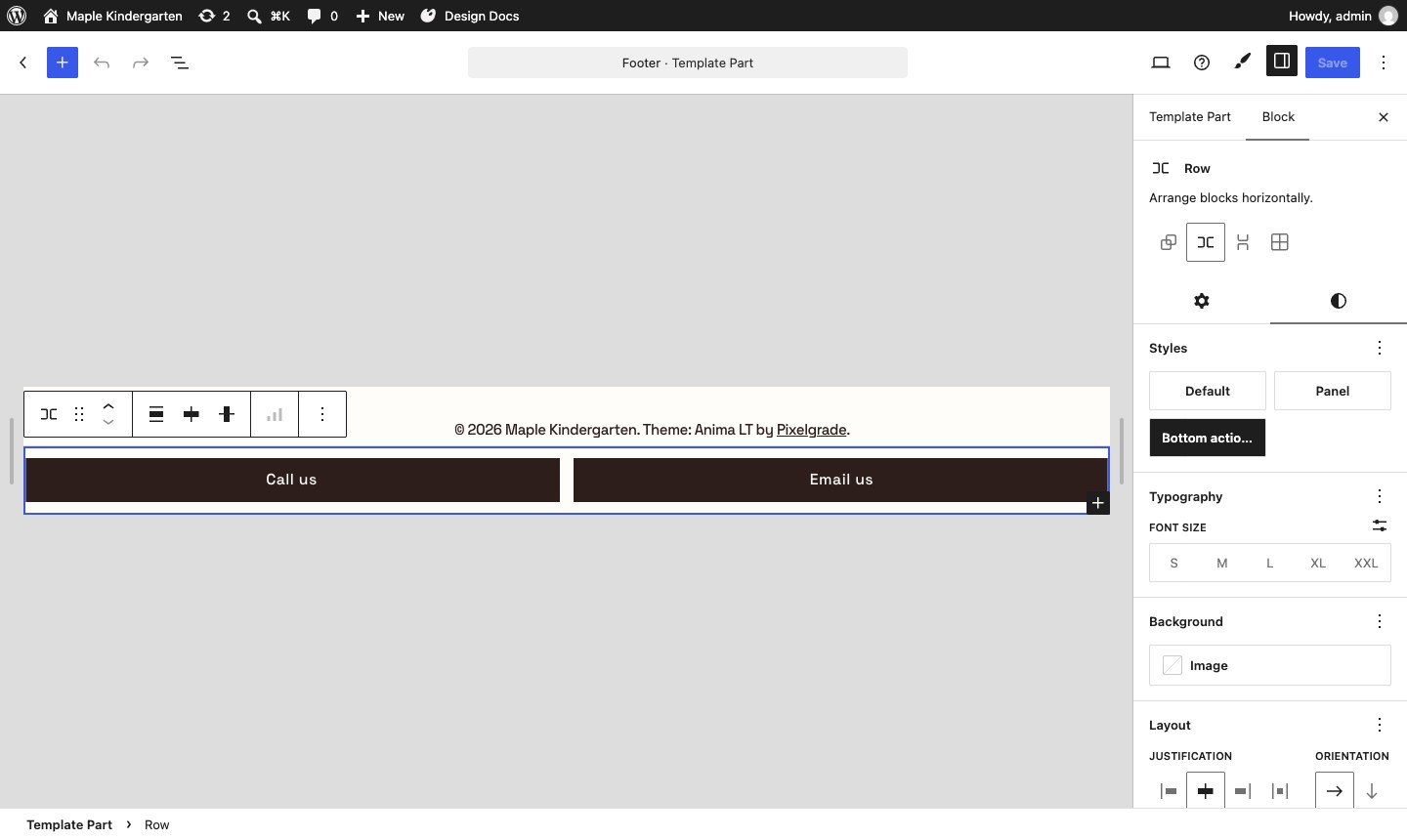 The Styles tab of a footer group with the Bottom action bar (mobile) style selected